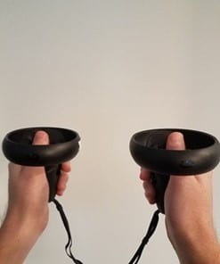 First person view of player holding Oculus quest controllers