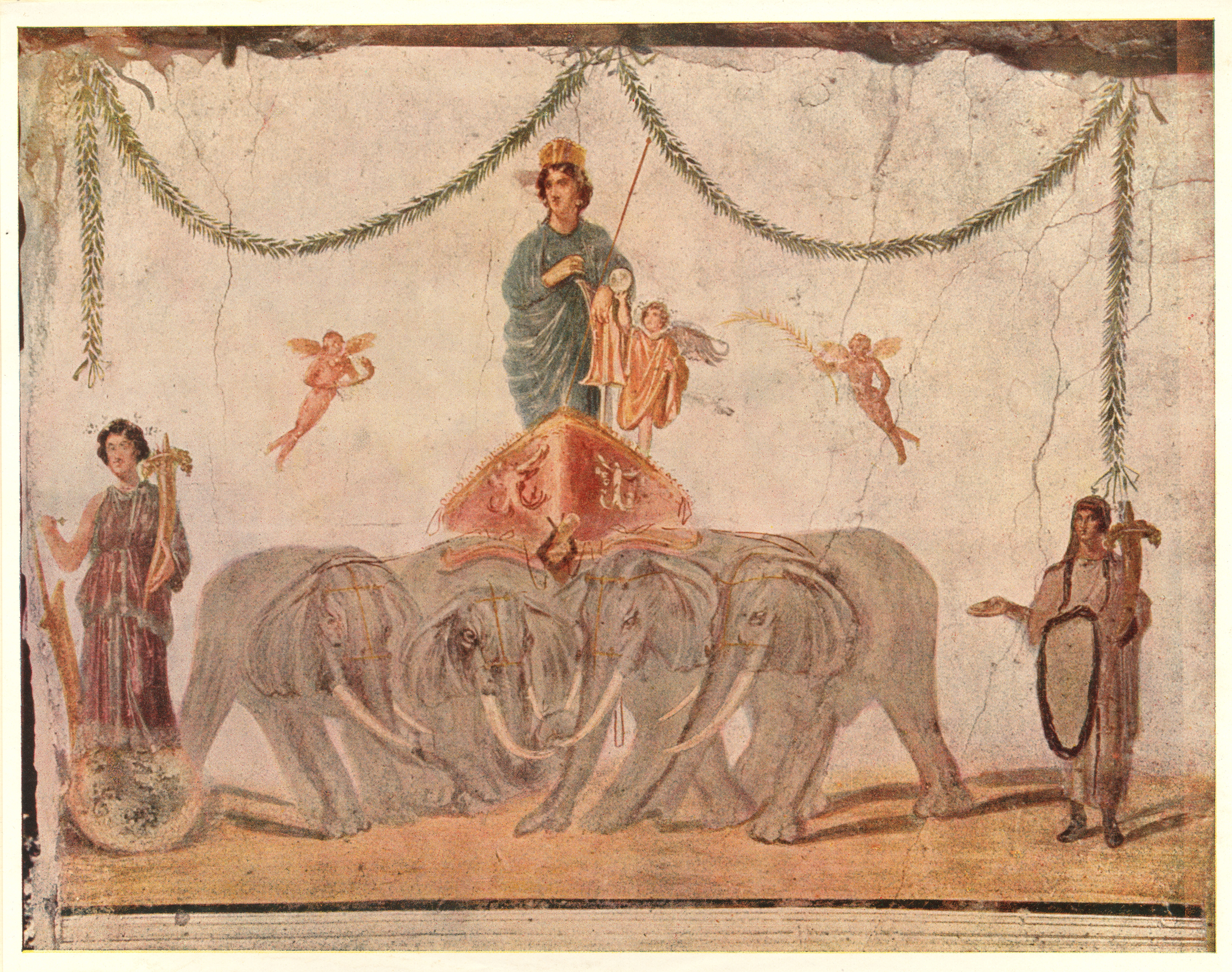 Fresco of Venus Pompeiana riding four elephants flanked by 3 cupids, Fortuna holding a rudder and cornucopia, and a genius holding a patera and a cornucopia